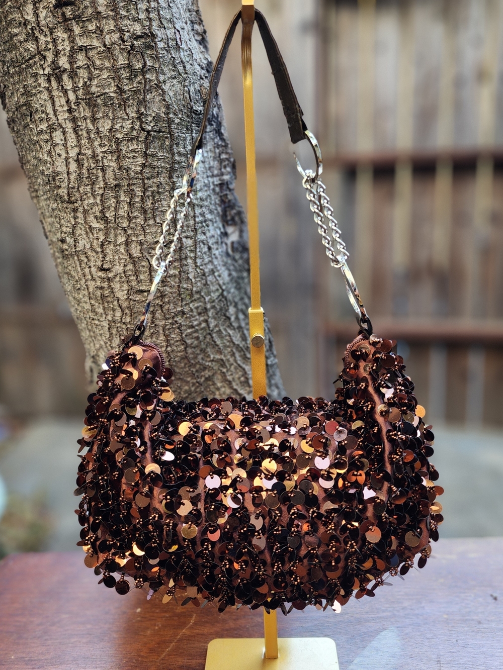 Bronze Brown Sequin Paillette Shoulder Bag Y2K Metallic Chain Strap Purse
